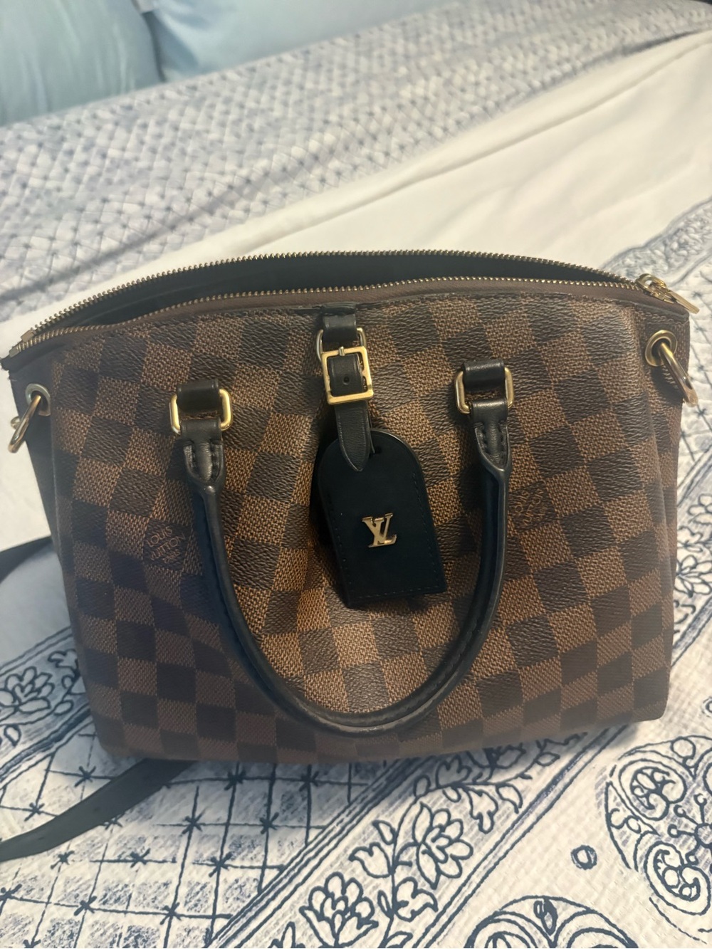 Louis Vuitton Brown Checkered Satchel with Black Trim and Gold Hardware